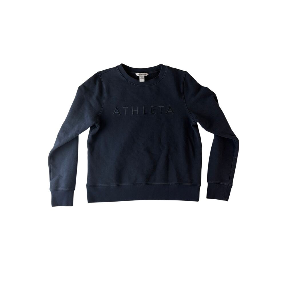 Athleta Womens Sweatshirt Small Navy Blue Embroidered Logo Athleisure Casual